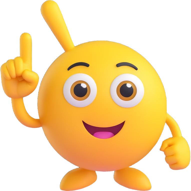A yellow round emoji character with big eyes and a confident smile, clearly pointing both index fingers at itself. Strong “ME!” expression. Bold cartoon style, isolated on white emoji