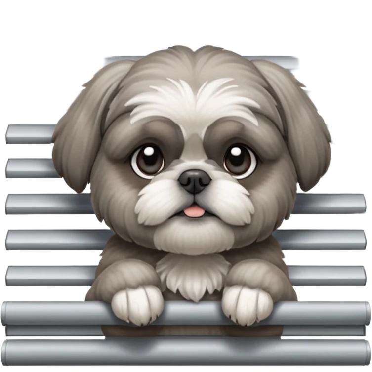 cute all grey shih tzu peeking through window blinds with one paw holding down the shade behind the shade emoji