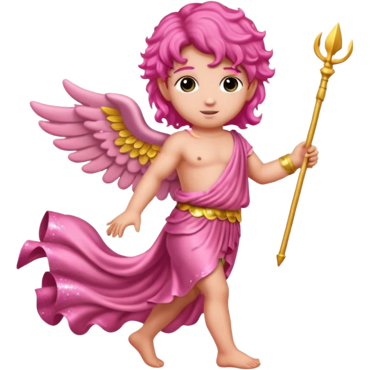 Cupid from Roman Deities with long pink wavy hair, pink sequin toga emoji