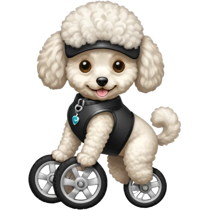 Mini poodle with three legs and wheels for one leg emoji