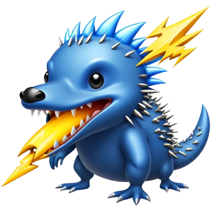 a fantastical dangerous and spooky electric platypus merged with a hedgehog with sharp teeth, metal electric spikes, and strong fangs, electricity and lightning coming, menacing look, yellow and blue lightning bolts emoji