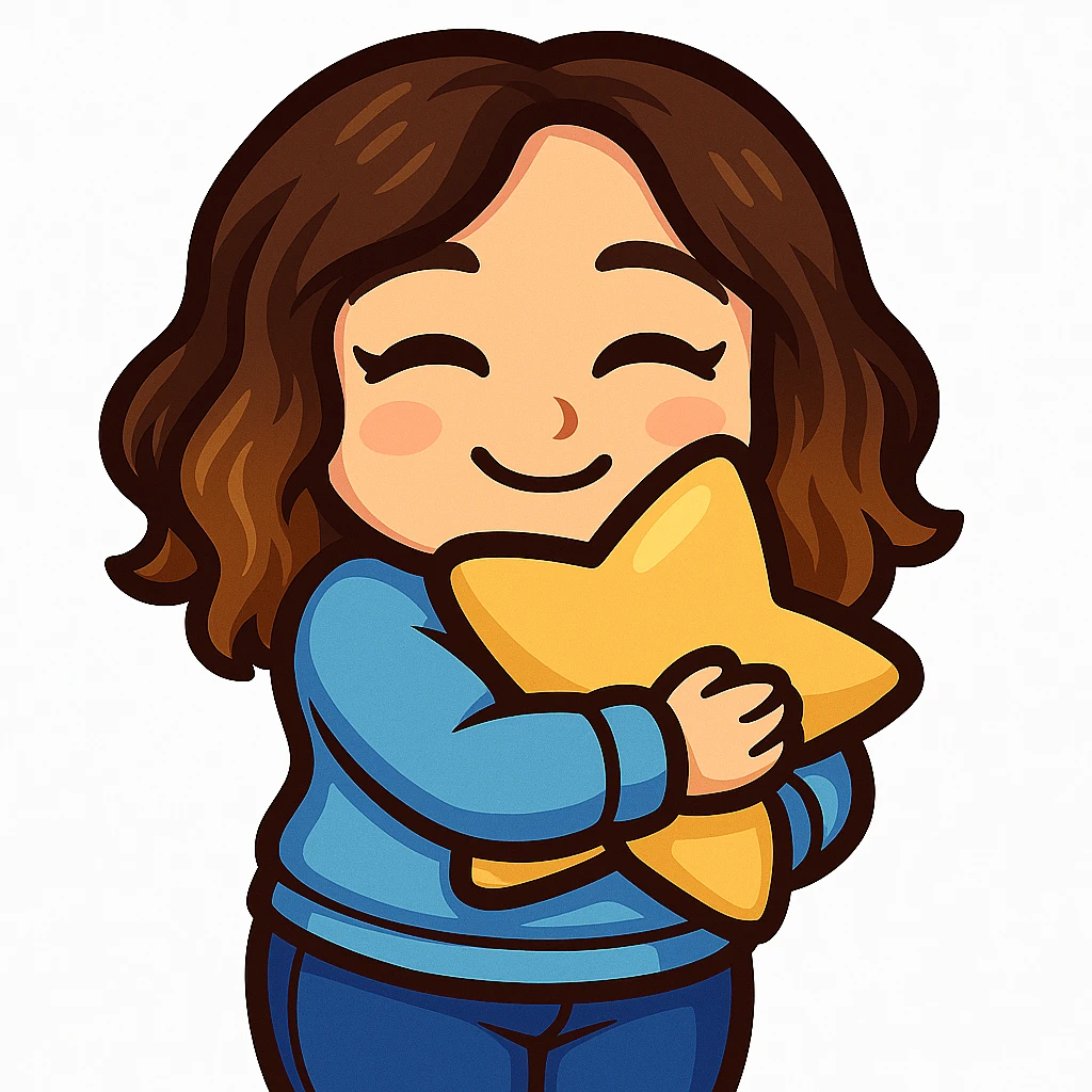 Sticker style chibi emote, matching the attached green heart emote as a base, but with a slightly skinnier body and a bigger chest. Woman from reference, light blue sweater and blue jeans, hugging a star pillow, cute cozy face, no headband, no wand, no green heart, transparent background. Top color should not match jeans. emoji