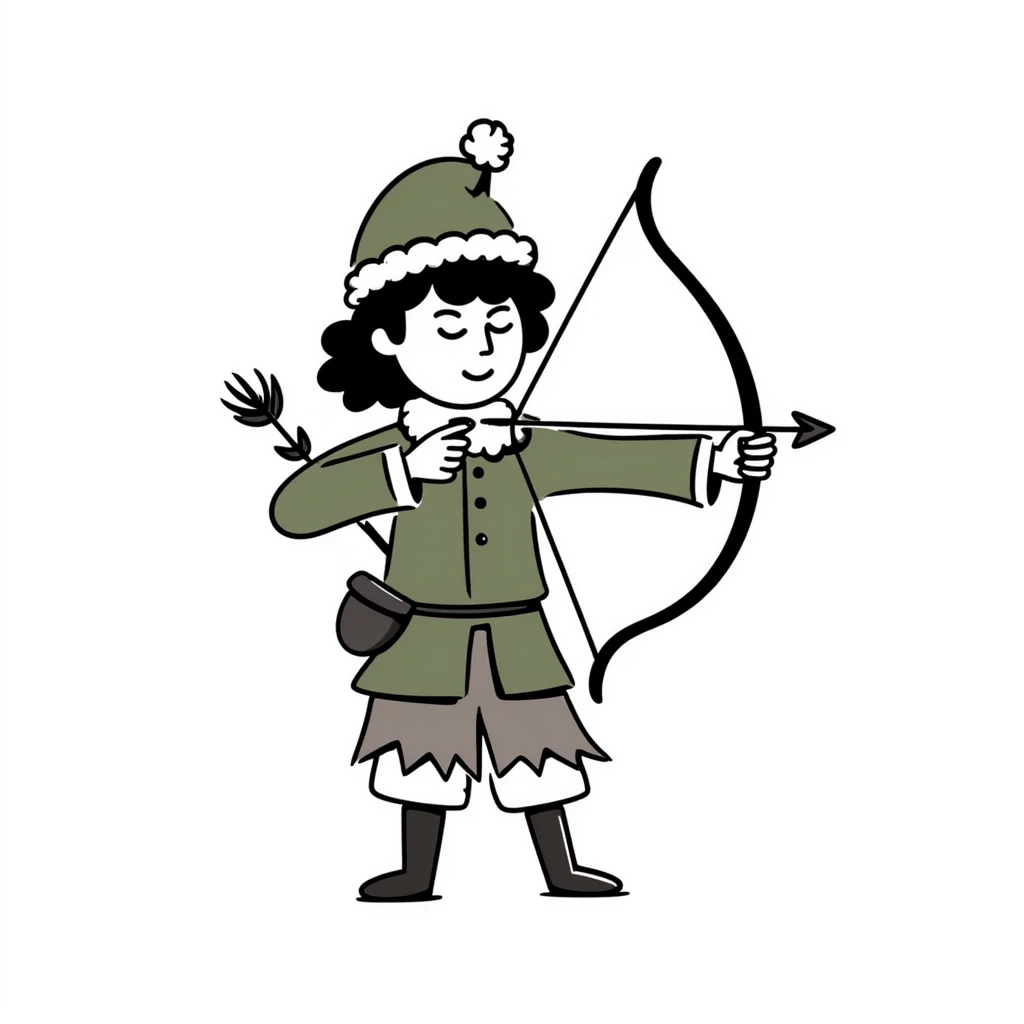 detailed hand drawn doodle of Robin Hood with classic medieval outfit and bow emoji