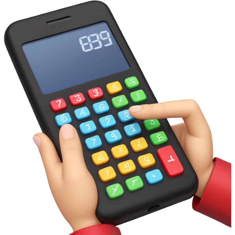 3D iPhone style emoji of a person using a calculator, finger pressing colorful buttons, digital display showing numbers, isolated on white background, soft shadows, high detail, playful and cute. emoji