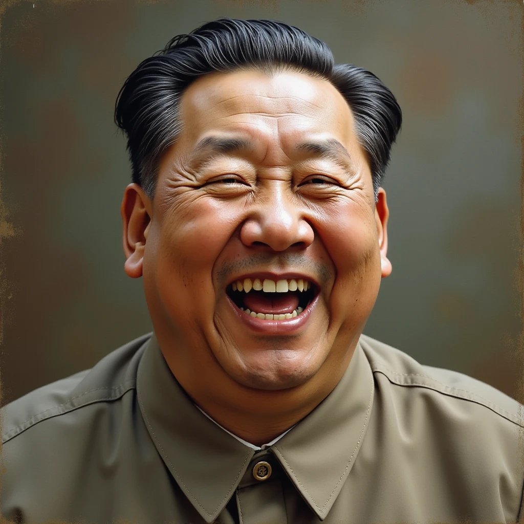a realistic portrait of Mao Zedong laughing, lifelike facial expression, detailed textures, respectful and natural style emoji