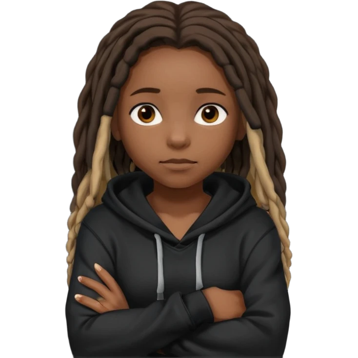 African American dark skin girl with shoulder length dreadlocks wearing a plain black hoodie with her arms folded across her chest emoji