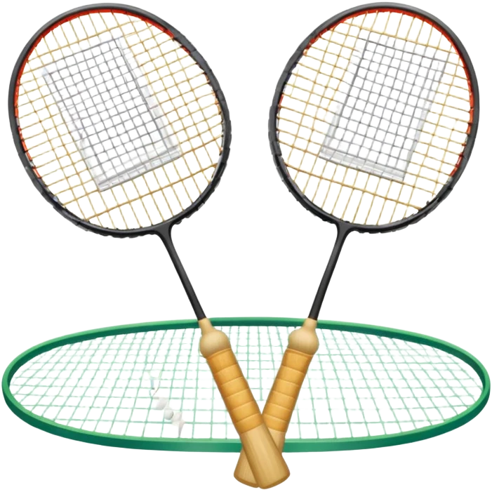 Two crossed badminton rackets with a shuttlecock resting in between, set against the faint outline of a badminton court. The image highlights the tools of the sport, with a subtle emphasis on the court's net and boundaries, symbolizing competition and skill. emoji