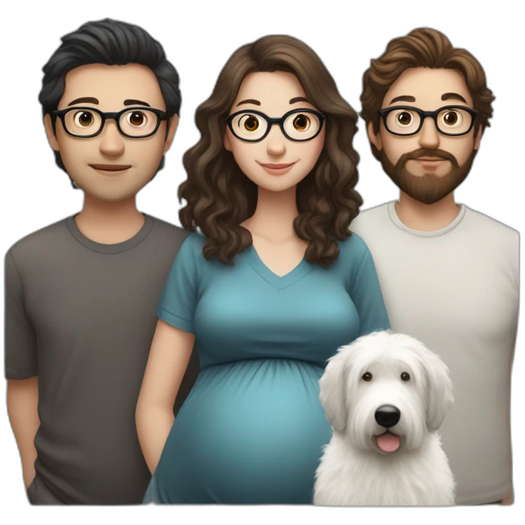 Hyperrealist pregnant girl with half long brown hair with glasses, a boy with long beard, glasses and short hair and english sheepdog emoji