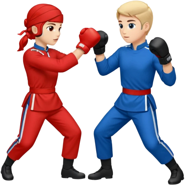 two peope sparring, red uniform and blue unidorm emoji