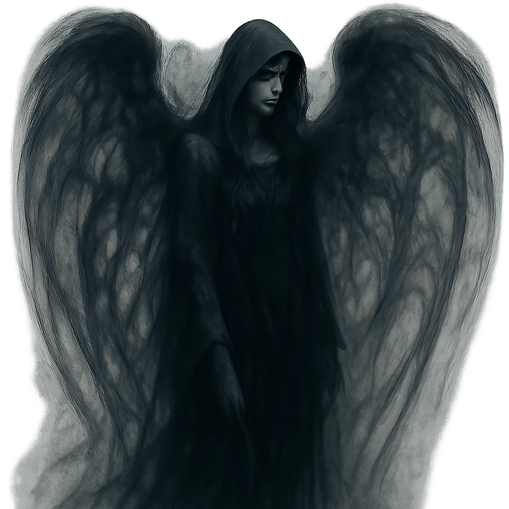 A dark angel with shadowy wings and a mysterious presence, in a dark fantasy style with a hint of mystery. emoji