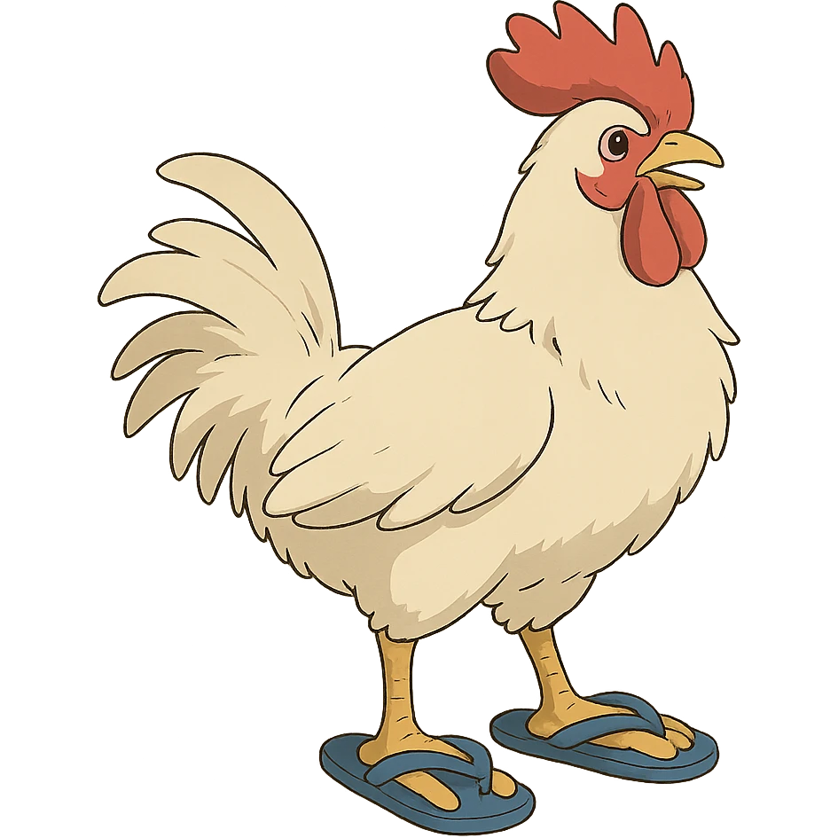 ghibli style white rooster wearing flip-flops emoji
