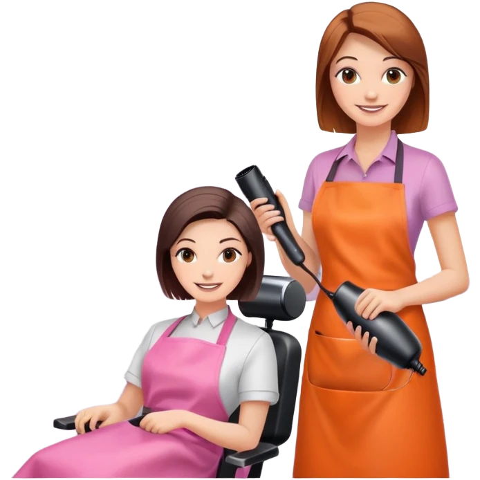 smiling woman client in pink apron sitting in salon chair, female hairstylist smiling behind her with orange apron, holding a hairdryer in right hand emoji