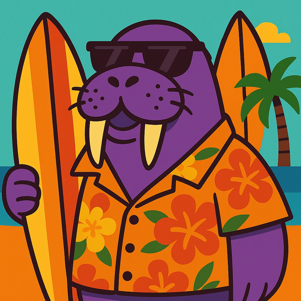 Add a surfboard to the purple walrus in sunglasses and a Hawaiian shirt, keep the cartoon style vibrant. emoji