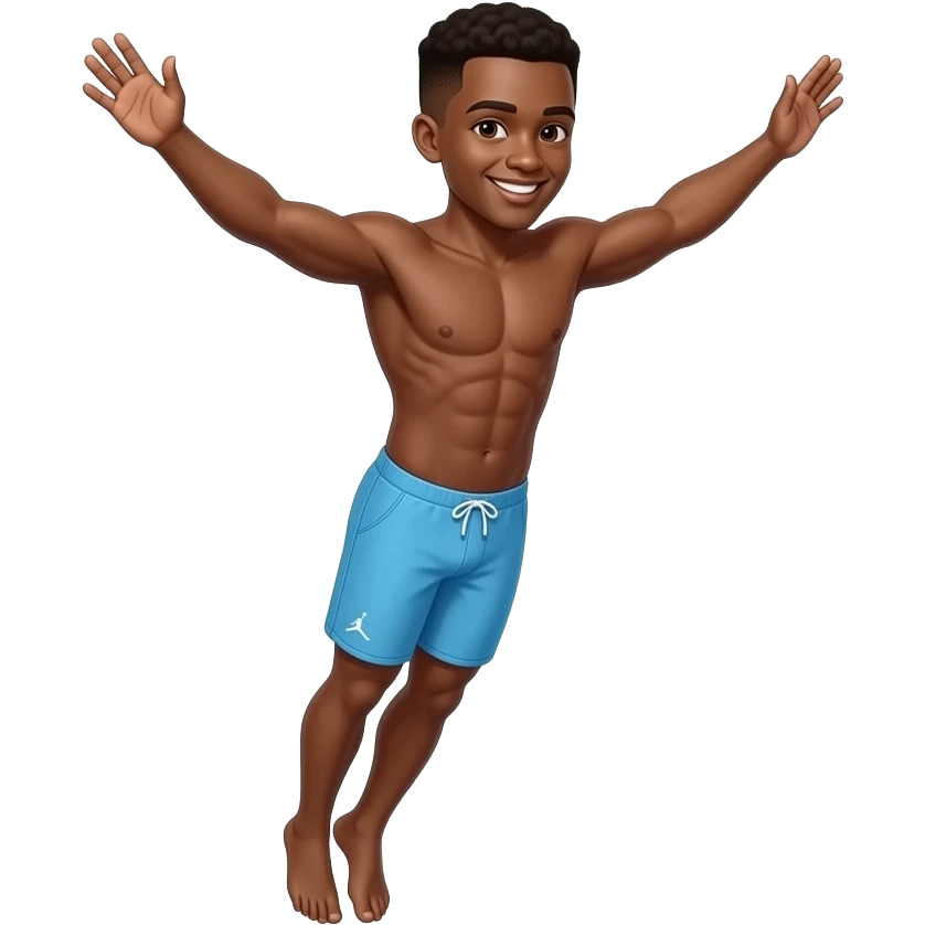 make a black skinned 20 year old man in a brown low taper fade with no shirt bunch of abs diving off the high diving board in light blue jordan swimtrunks not smiling emoji