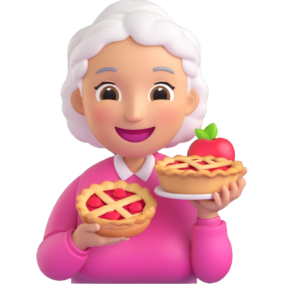 3D smiley emoji, round shape, grandmother holding an apple pie, pink color, smiling face emoji