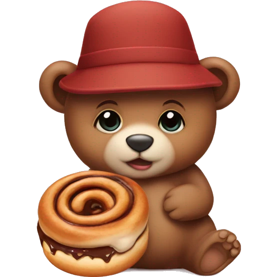 Baby bear in a hat holding a cinnamon bun emoji
