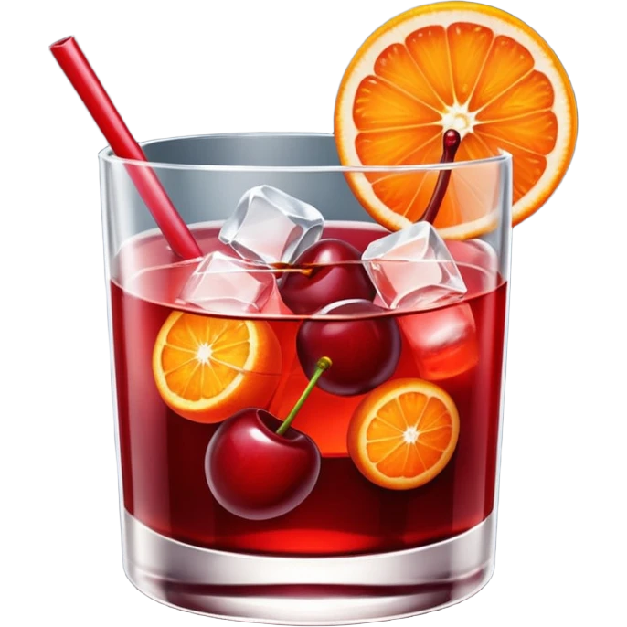 Mach mir einen Cherry Negroni mit viel Eiswürfeln und nur einer Scheibe Orange im Glas und einer Kirsche auf dem Glas emoji