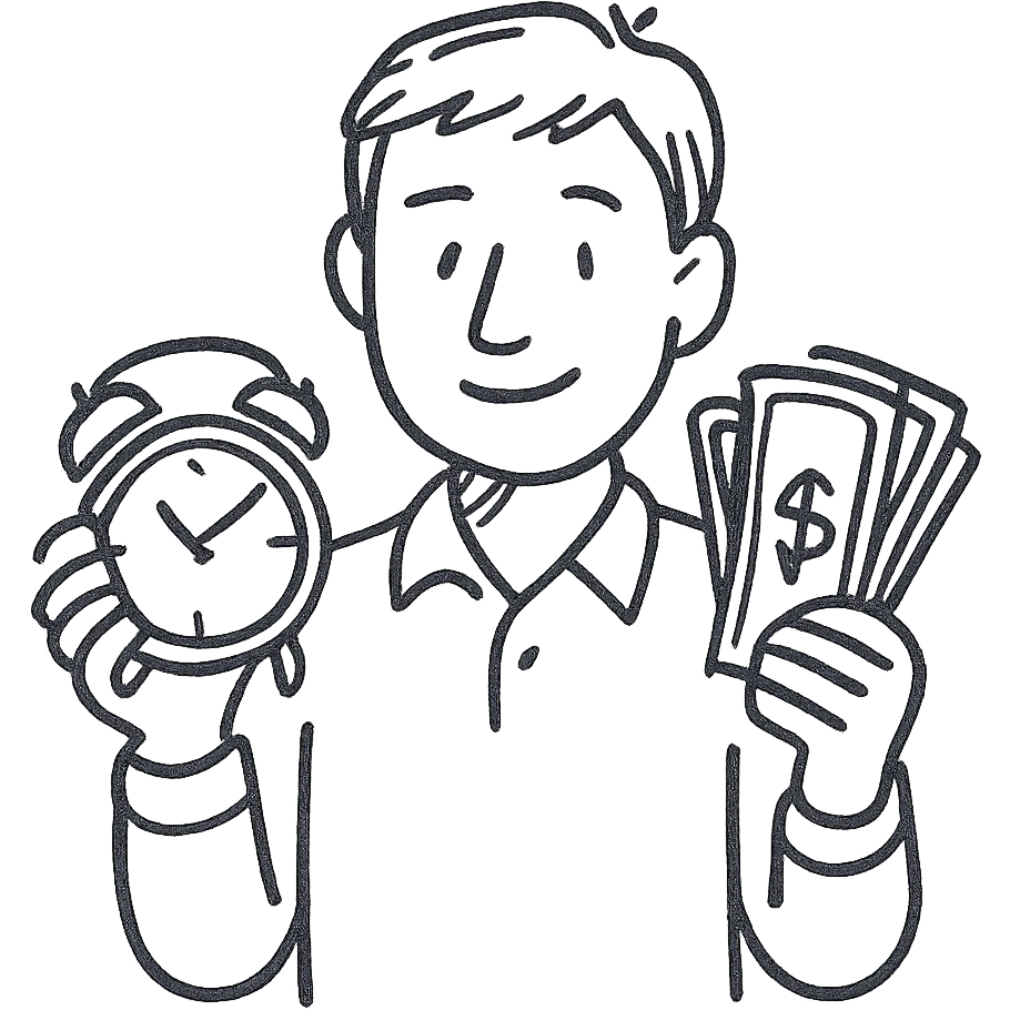 A man with short brown hair holding an alarm clock and money emoji