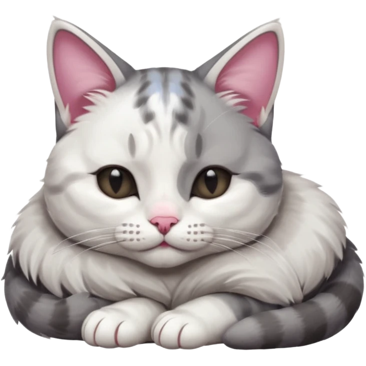 grey and white small cat with its eyes closed lying down with its head resting own paw emoji