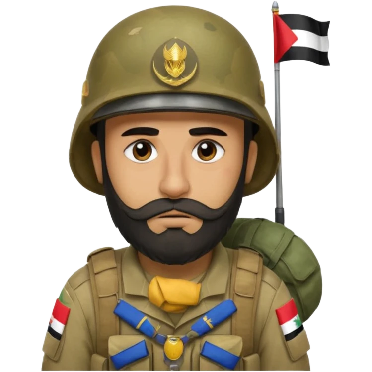 A very tired and sad, swarthy Iraqi soldier with a beard, an Iraqi flag on his helmet, a sad expression and bags under his eyes emoji