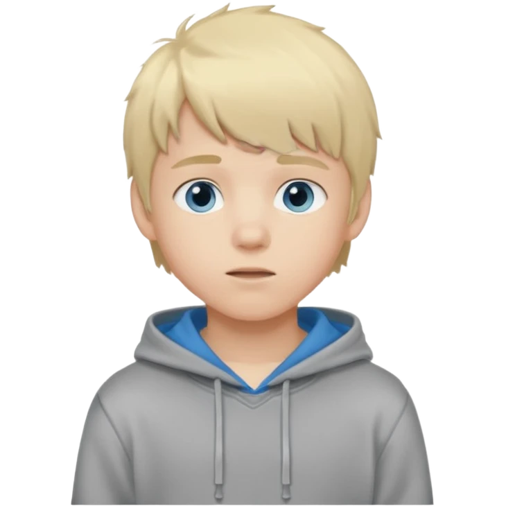 Teen boy with blue eyes and Grey hoodie standing up with blond short hair and fluffy bangs emoji