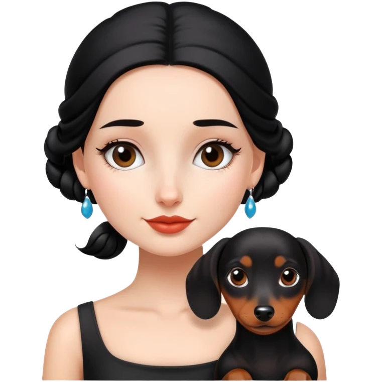 A beautiful girl with a black bun and a dachshund.
 emoji