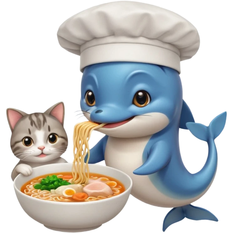 I want a dolphin on top of a cat eating ramen noodles in Japan shibuya emoji