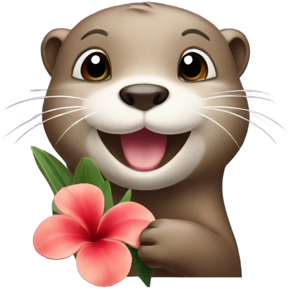 A happy and cute otter face holding a Hawaiian flower emoji
