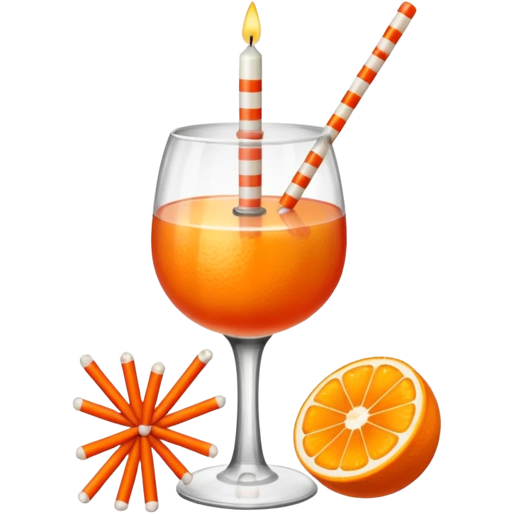 An orange with a horizontal red stripe around the middle. 4 vertical cocktail sticks in the orange with small pieces of candy on the sticks. On top of the orange a small white lit candle. The orange should be a piece of fruit not a drink.  emoji