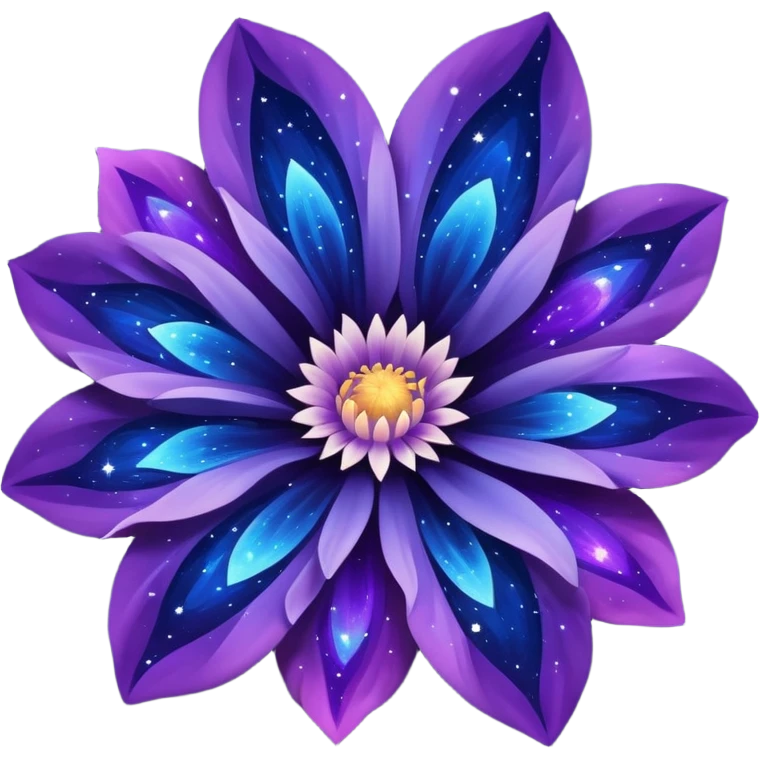 vibrant flower with petals resembling a galaxy nebula, deep blues and purples, scattered stardust emoji