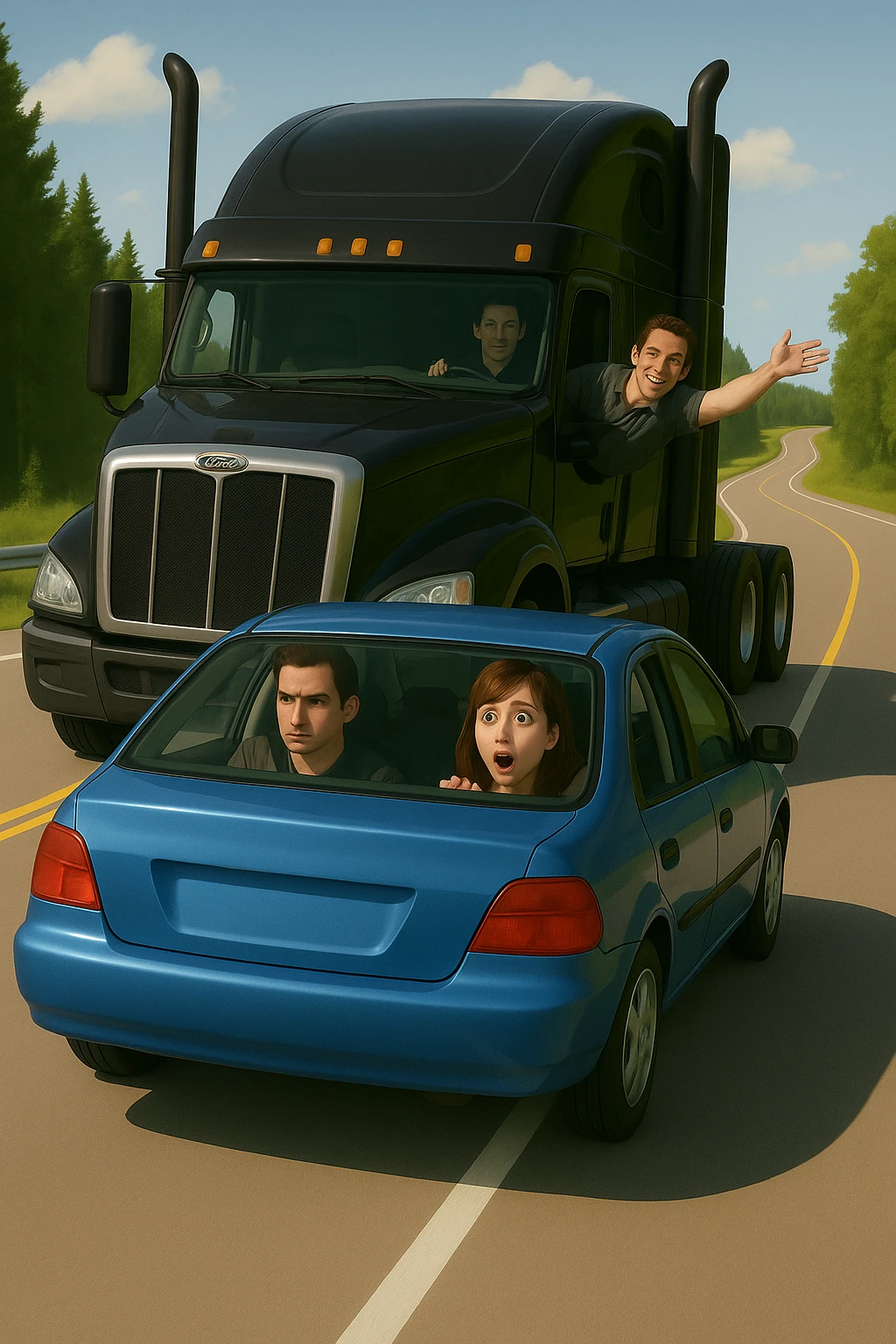 Add a person in the black semi truck with their arm out the window. Keep the scene bright and vibrant, with a person in the car in front. emoji