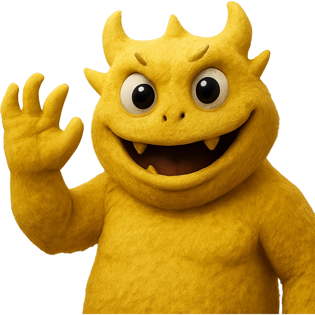 Make this yellow athletic mascot look more grown up and cooler, less like a person and more like a monster, keep the soft fuzzy texture and big eyes, waving cheerfully, with no background. Maintain the yellow color and soft fuzzy texture with big eyes, emphasizing a monster-like character waving cheerfully. emoji