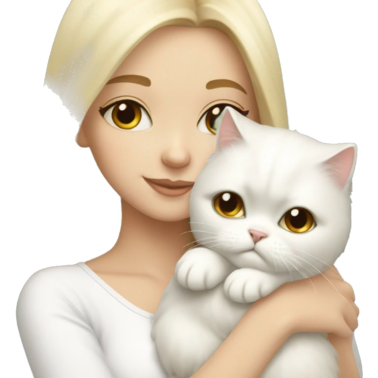 Blonde girl snuggling white Persian cat emoji