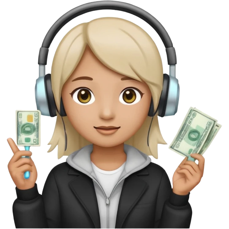 cute emoji style illustration of a K-pop fan holding a bright lightstick in one hand and cash money bills in the other hand, wearing a large headset on the head, round face, simple eyes, flat vector style, soft colors, transparent background, clean outline emoji