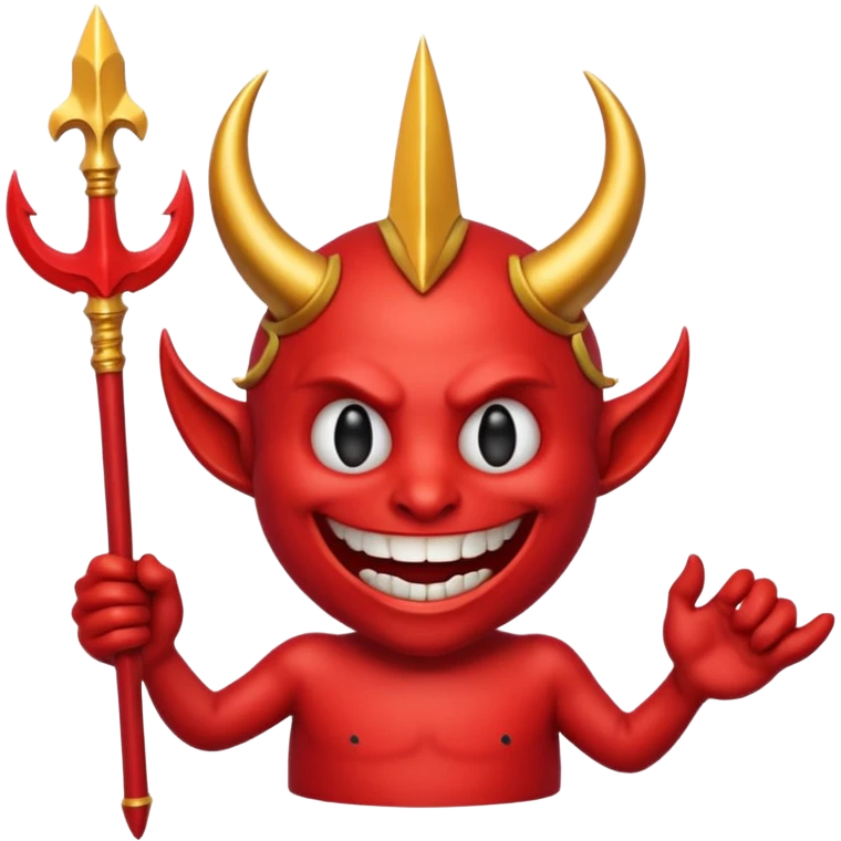 A red demon smiley face holding a trident and it looks like this (😈) but red and holds a golden trident emoji
