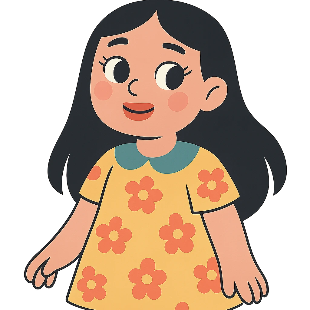 light skinned girl with round, slightly upturned brown eyes with long lashes, medium sized full blush colored lips, slightly chubby cheeks, long straight black hair, wearing a cute dress with floral pattern emoji
