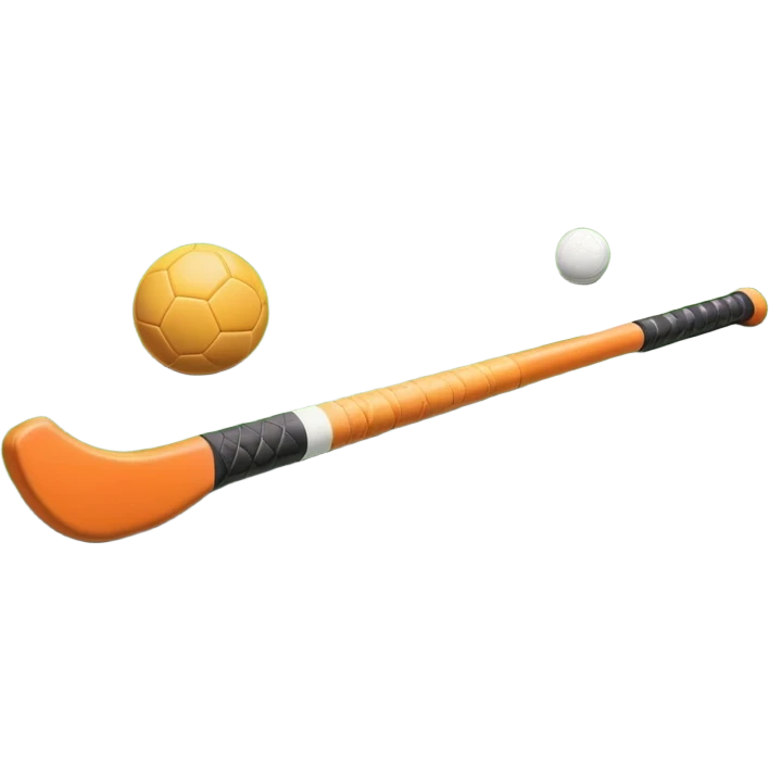 A field hockey stick and ball positioned on a vibrant green grass field, with the goalposts and clear field markings in the background. The scene highlights the lush, well-maintained turf, emphasizing the speed and precision of the sport in an energizing outdoor setting. emoji