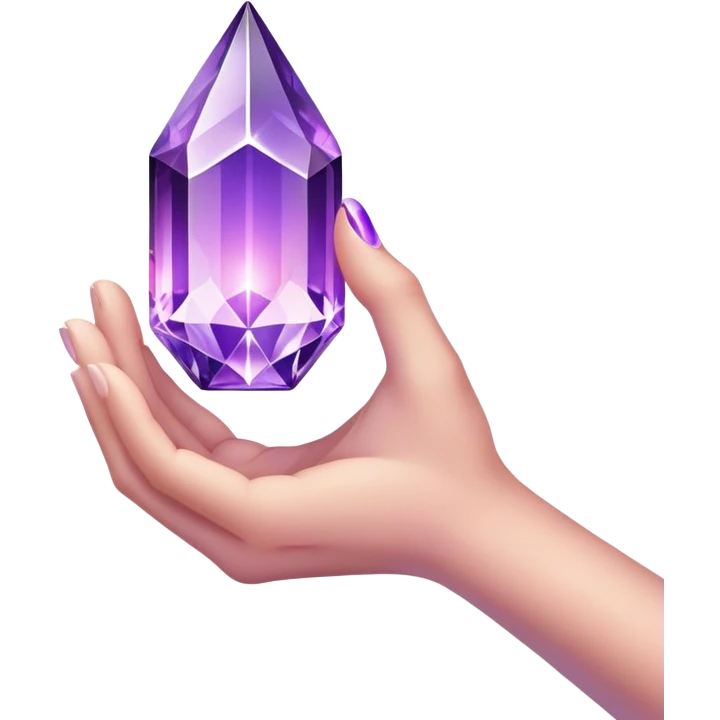 Pov white tone skin hand holding a purple glowing crystal refracting light.  Only the hand should be displayed, nothing else.  emoji
