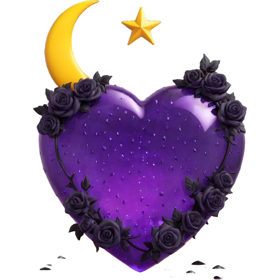 gothic heart made of purple glass with a crescent moon in the center, scattered small black roses, bold stardust, intense lightning bolt, heavy rain, deep cracked glass texture emoji
