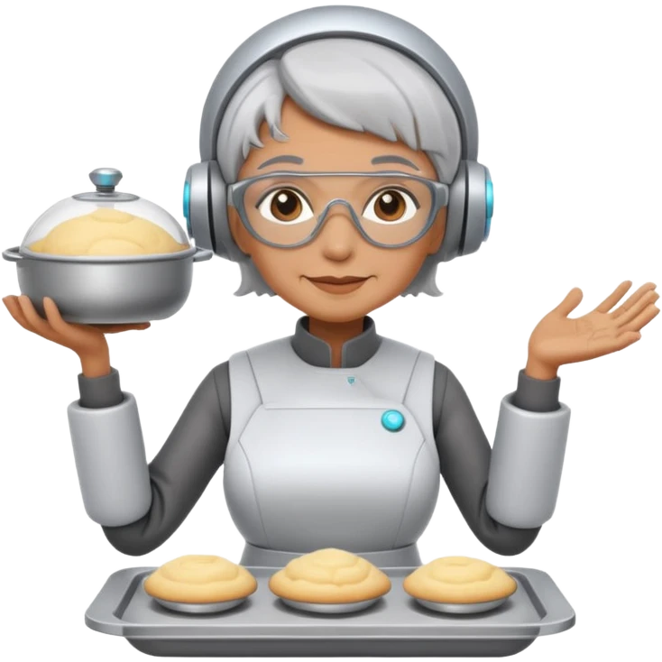 Portrait of a futuristic grandma wearing a sleek kitchen robot suit, mechanical arms mixing dough and holding trays, high-tech baking lab, emoji-style emoji