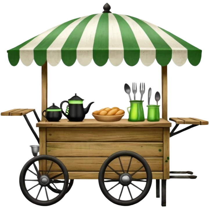 wooden food cart with green and white striped canopy, green flag with fork and knife, black lantern, kitchen utensils inside emoji