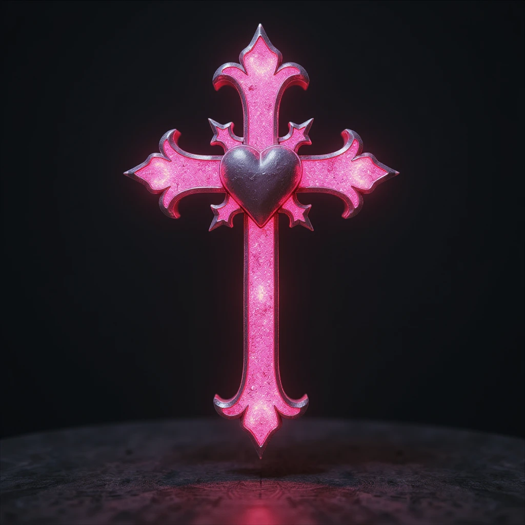 realistic gothic cross, pink with a heart motif, photorealistic style, no background emoji