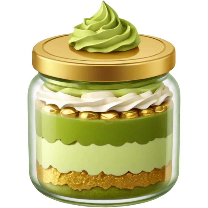 A small round glass jar with a gold lid, filled with layered dessert: creamy white base, green matcha layer in the middle, and a crunchy topping on top.

 emoji