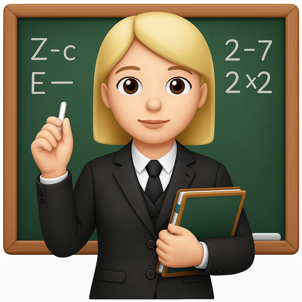 Edit the image of a teacher standing in front of a chalkboard in Apple style emoji. The teacher should be holding only chalk, with no apple in hand. Keep the background as is. The style should resemble Apple style emojis. emoji