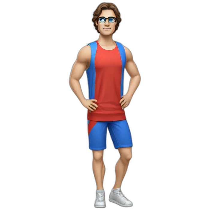 retro 70s blue and red gym clothes for a modern white brunette uni male student with glass emoji