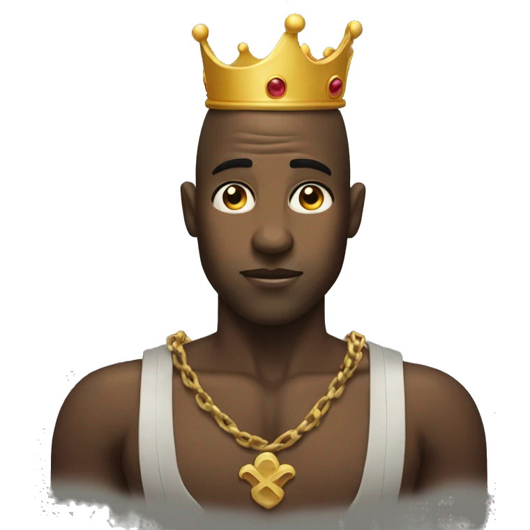 black bald man with crown on its head sweating with no shirt emoji