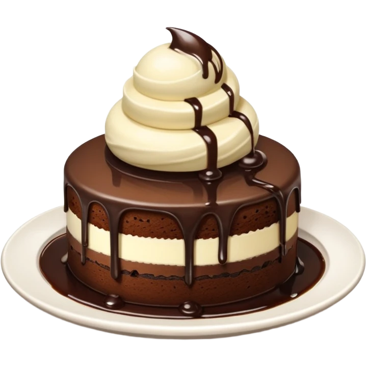 round chocolate cake with vanilla ice cream, chocolate syrup, white plate, cute and appealing, no face emoji style emoji