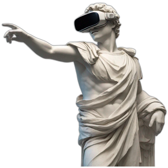 Roman sculpture with virtual reality goggles pointing its finger to the sky emoji