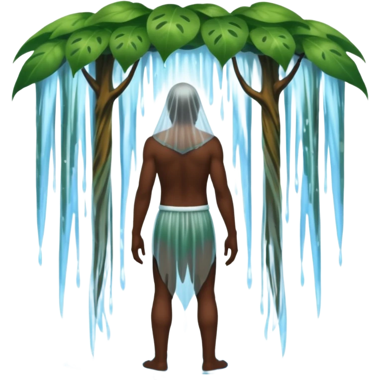 full body dark skin forest spirit man from behind under waterfall veil emoji