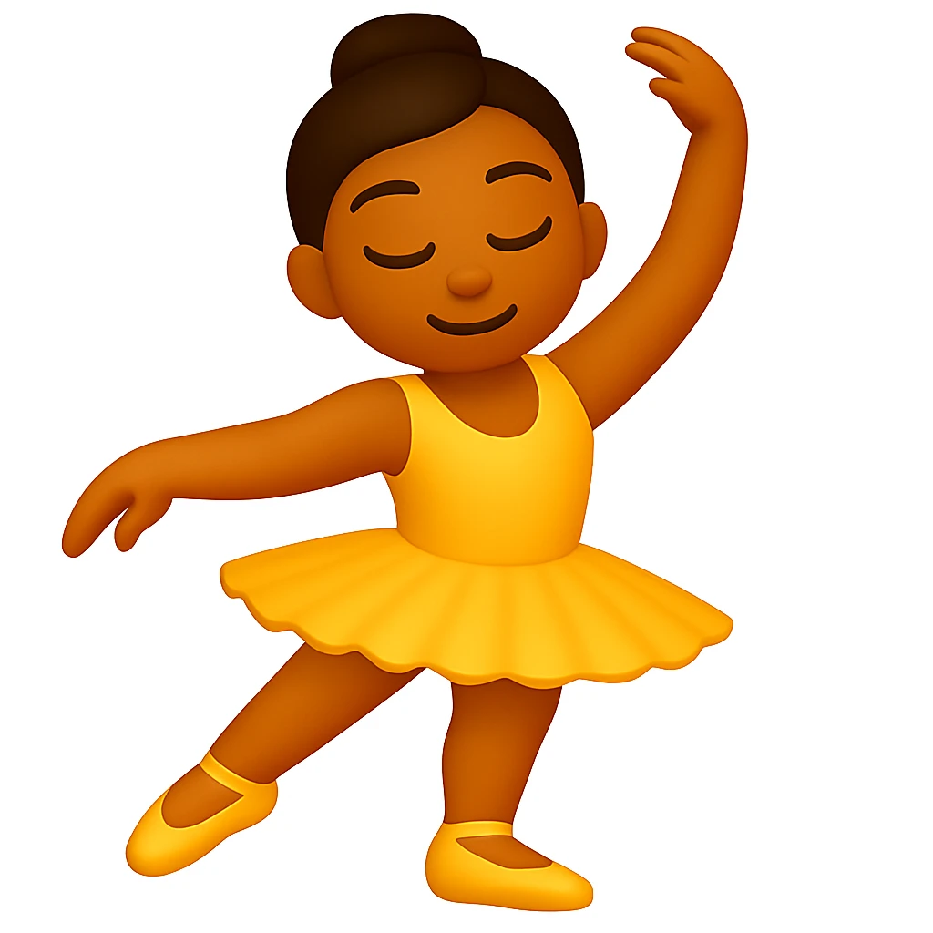 Edit the image to keep the same pose with the right foot on tippy toe in iOS emoji style. Maintain the yellow tutu, elegant, smooth, and shiny look as in the reference. emoji